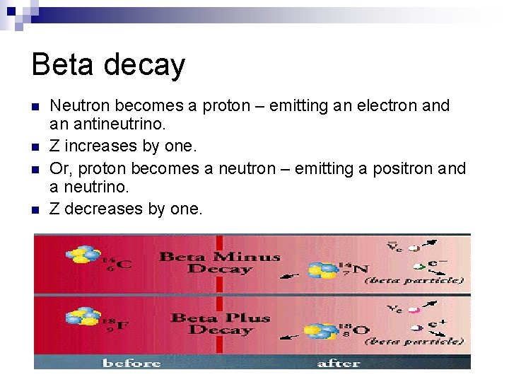 Beta decay n n Neutron becomes a proton – emitting an electron and an