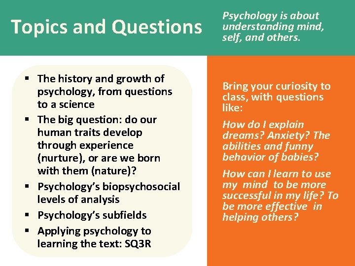 Topics and Questions § The history and growth of psychology, from questions to a