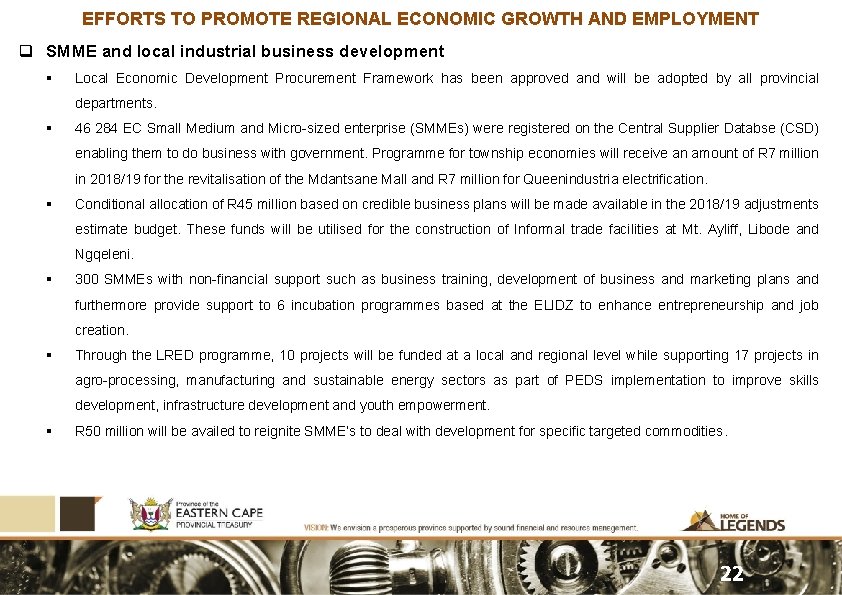 EFFORTS TO PROMOTE REGIONAL ECONOMIC GROWTH AND EMPLOYMENT q SMME and local industrial business