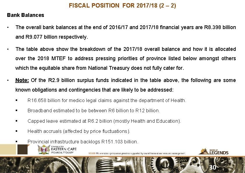 FISCAL POSITION FOR 2017/18 (2 – 2) Bank Balances • The overall bank balances