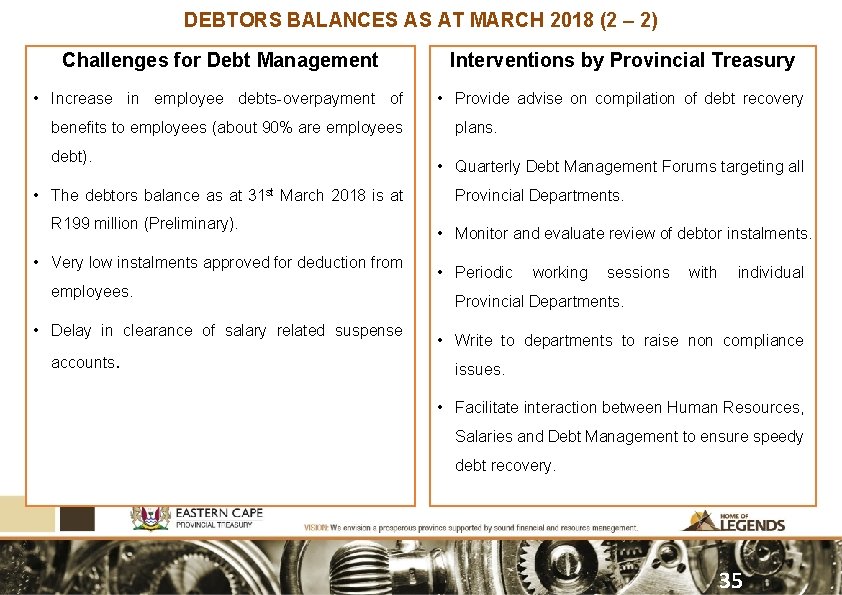 DEBTORS BALANCES AS AT MARCH 2018 (2 – 2) Challenges for Debt Management Interventions