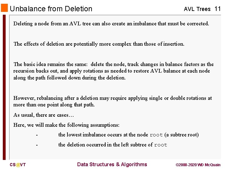 Unbalance from Deletion AVL Trees 11 Deleting a node from an AVL tree can