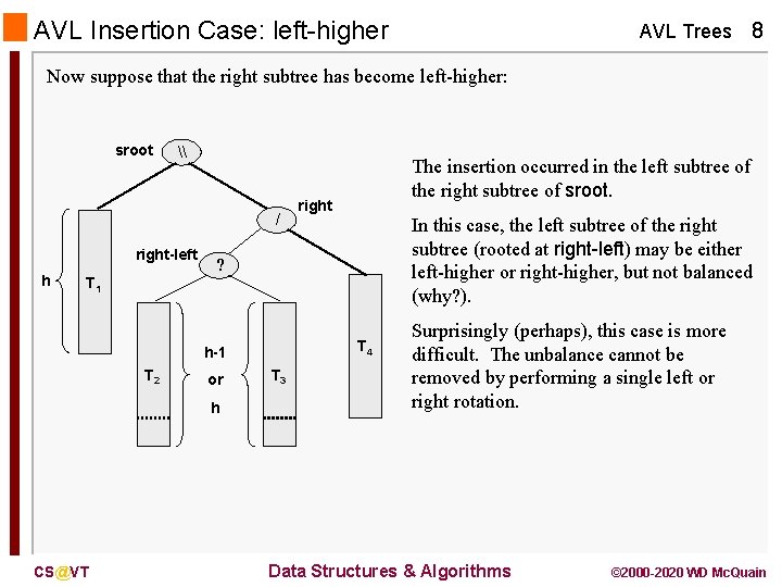 AVL Insertion Case: left-higher AVL Trees 8 Now suppose that the right subtree has