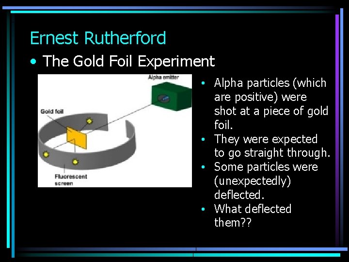 Ernest Rutherford • The Gold Foil Experiment • Alpha particles (which are positive) were