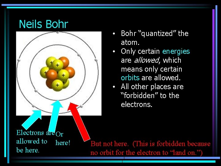 Neils Bohr Electrons are Or allowed to here! be here. • Bohr “quantized” the
