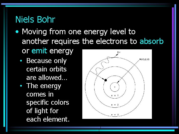 Niels Bohr • Moving from one energy level to another requires the electrons to