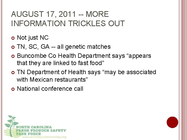 AUGUST 17, 2011 -- MORE INFORMATION TRICKLES OUT SE Veg & Fruit Expo November