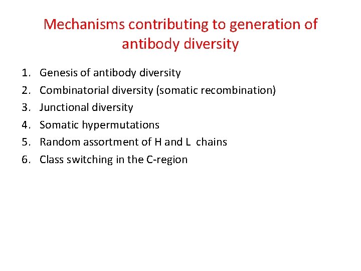 Mechanisms contributing to generation of antibody diversity 1. 2. 3. 4. 5. 6. Genesis
