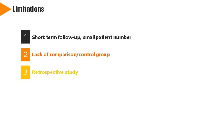 Limitations 1 Short term follow-up, small patient number 2 Lack of comparison/control group 3