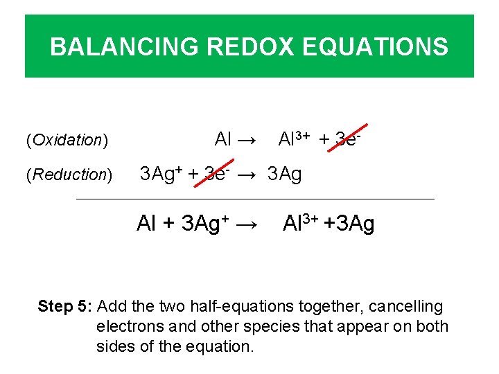 BALANCING REDOX EQUATIONS (Oxidation) (Reduction) Al → Al 3+ + 3 e- 3 Ag+