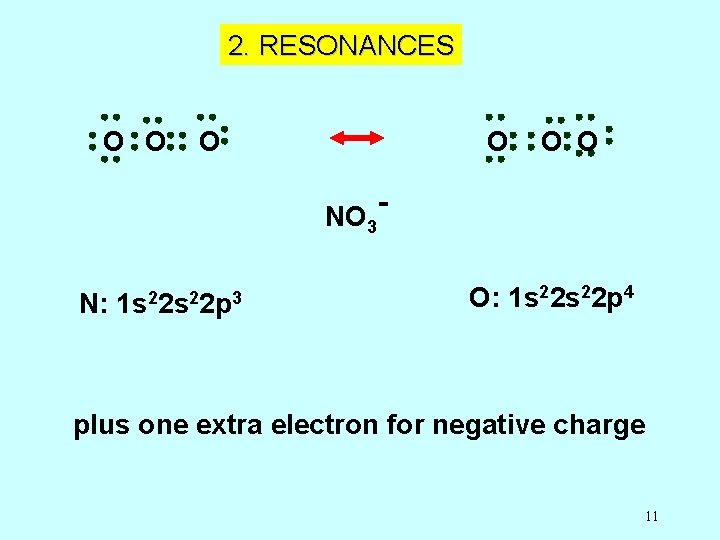 2. RESONANCES O O NO 3 N: 1 s 22 p 3 O O