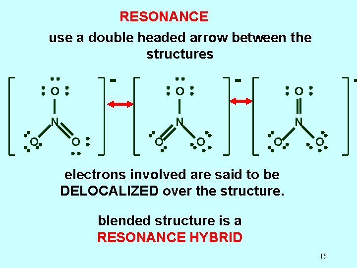 RESONANCE use a double headed arrow between the structures O O N N N