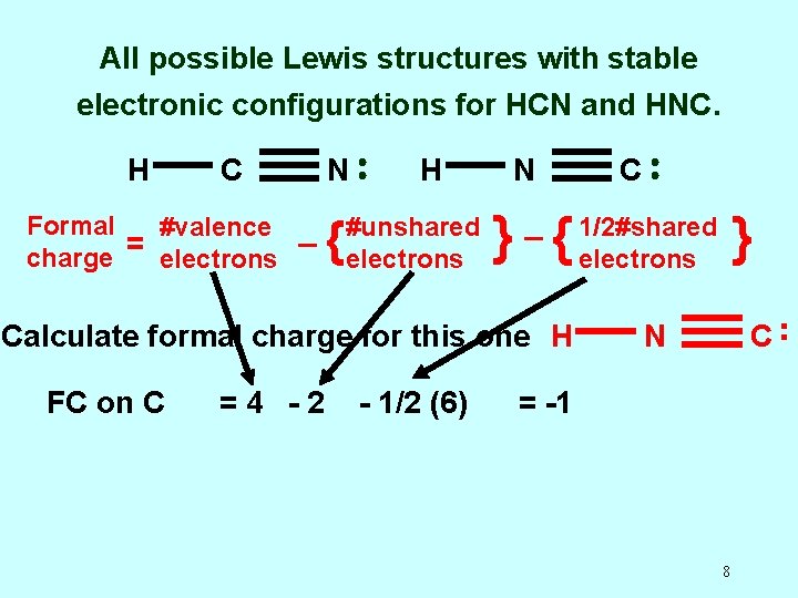 All possible Lewis structures with stable electronic configurations for HCN and HNC. H C