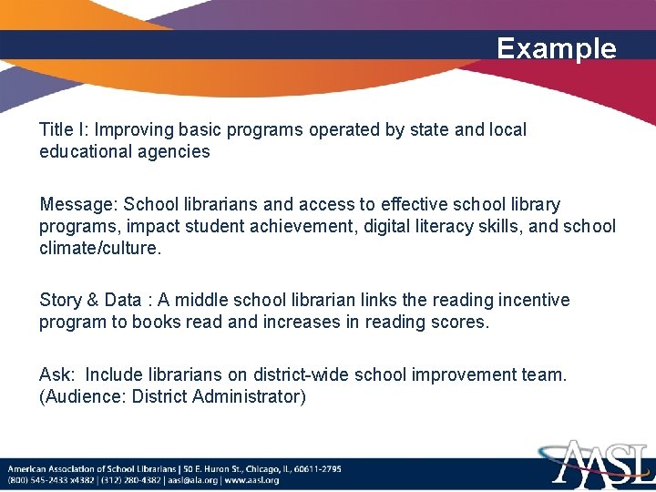 Example Title I: Improving basic programs operated by state and local educational agencies Message: