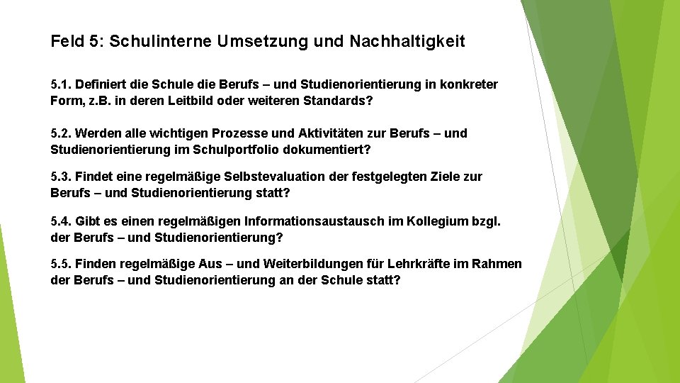 Feld 5: Schulinterne Umsetzung und Nachhaltigkeit 5. 1. Definiert die Schule die Berufs –