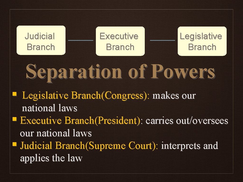 Judicial Branch Executive Branch Legislative Branch Separation of Powers § Legislative Branch(Congress): makes our