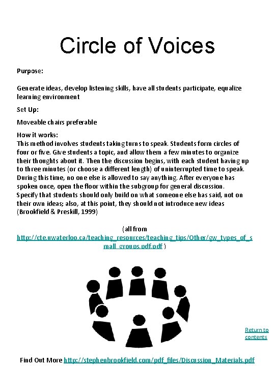 Circle of Voices Purpose: Generate ideas, develop listening skills, have all students participate, equalize