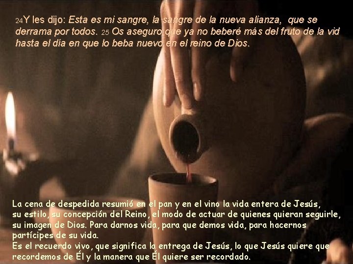 24 Y les dijo: Esta es mi sangre, la sangre de la nueva alianza,