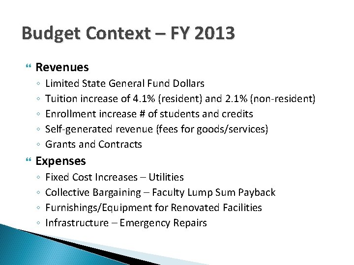 Budget Context – FY 2013 Revenues ◦ ◦ ◦ Limited State General Fund Dollars