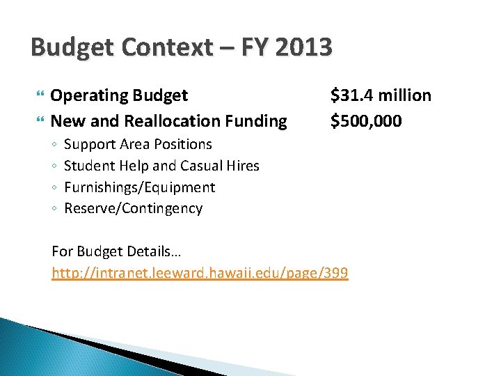 Budget Context – FY 2013 Operating Budget New and Reallocation Funding ◦ ◦ $31.