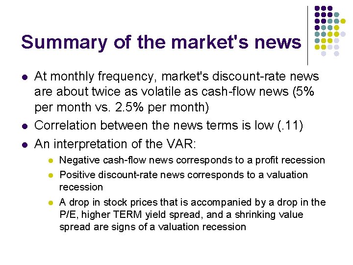 Summary of the market's news l l l At monthly frequency, market's discount-rate news