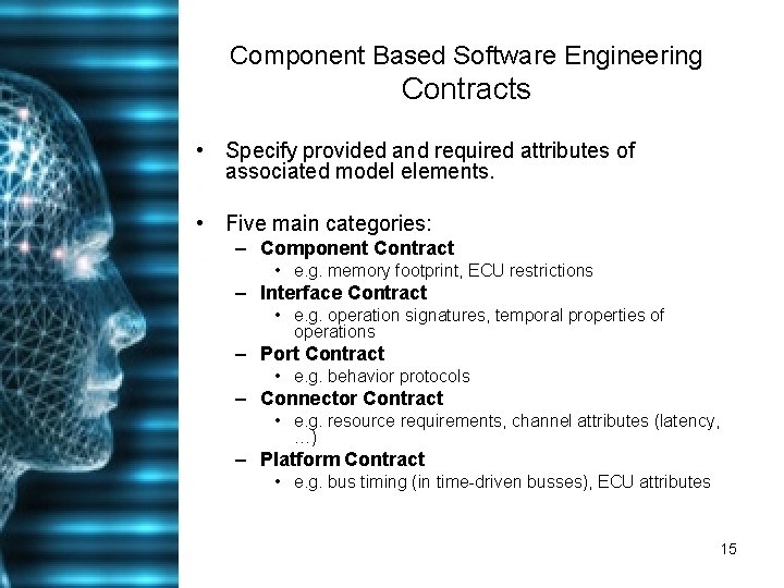 Component Based Software Engineering Contracts • Specify provided and required attributes of associated model