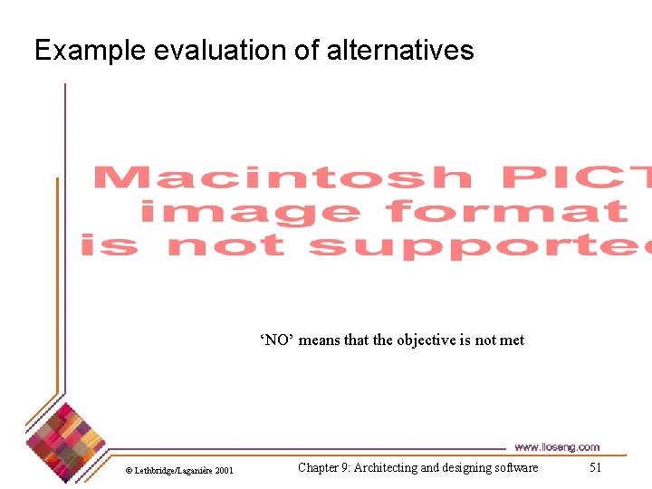 Example evaluation of alternatives ‘NO’ means that the objective is not met © Lethbridge/Laganière