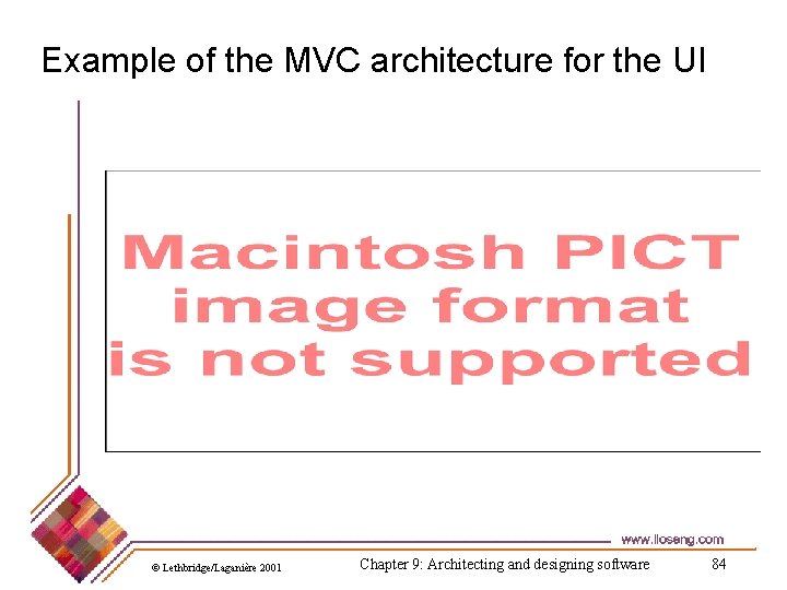 Example of the MVC architecture for the UI © Lethbridge/Laganière 2001 Chapter 9: Architecting