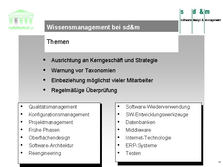 Wissensmanagement bei sd&m Themen • • • Ausrichtung an Kerngeschäft und Strategie Warnung vor