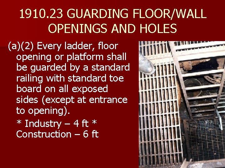 1910. 23 GUARDING FLOOR/WALL OPENINGS AND HOLES (a)(2) Every ladder, floor opening or platform