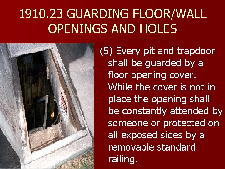 1910. 23 GUARDING FLOOR/WALL OPENINGS AND HOLES (5) Every pit and trapdoor shall be