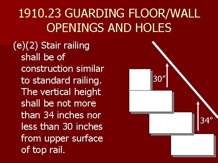 1910. 23 GUARDING FLOOR/WALL OPENINGS AND HOLES (e)(2) Stair railing shall be of construction