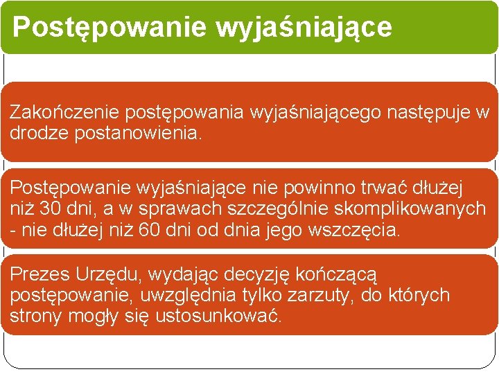 Postępowanie wyjaśniające Zakończenie postępowania wyjaśniającego następuje w drodze postanowienia. Postępowanie wyjaśniające nie powinno trwać