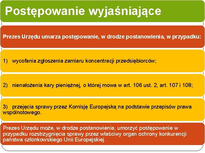 Postępowanie wyjaśniające Prezes Urzędu umarza postępowanie, w drodze postanowienia, w przypadku: 1) wycofania zgłoszenia