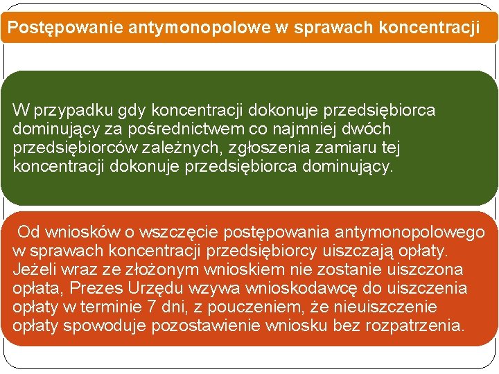 Postępowanie antymonopolowe w sprawach koncentracji W przypadku gdy koncentracji dokonuje przedsiębiorca dominujący za pośrednictwem