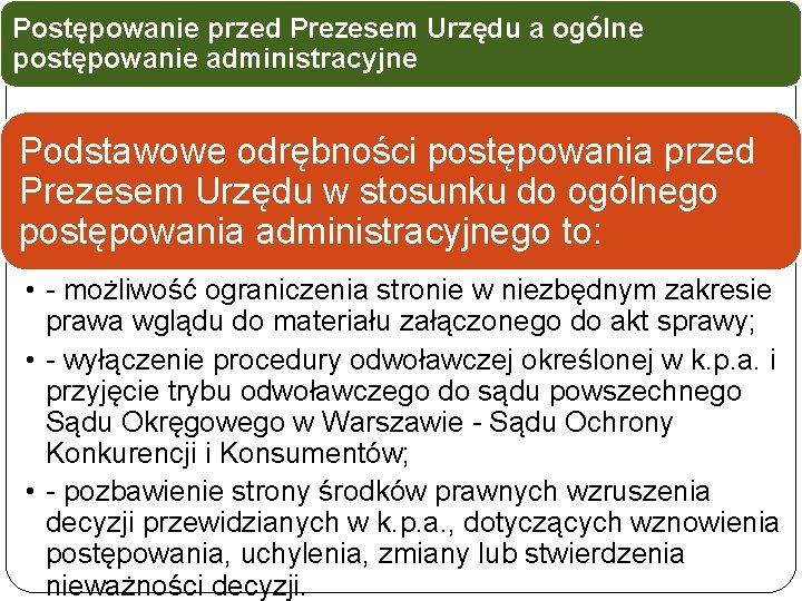 Postępowanie przed Prezesem Urzędu a ogólne postępowanie administracyjne Podstawowe odrębności postępowania przed Prezesem Urzędu