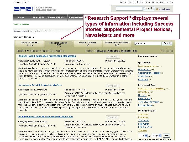 “Research Support” displays several types of information including Success Stories, Supplemental Project Notices, Newsletters