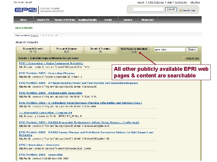 All other publicly available EPRI web pages & content are searchable 