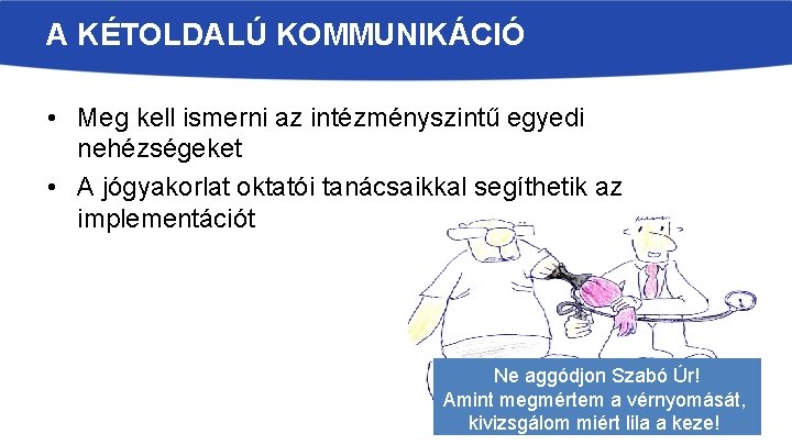 A KÉTOLDALÚ KOMMUNIKÁCIÓ • Meg kell ismerni az intézményszintű egyedi nehézségeket • A jógyakorlat