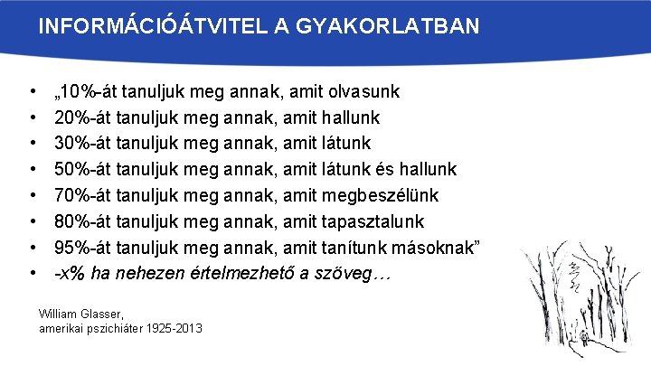 INFORMÁCIÓÁTVITEL A GYAKORLATBAN • • „ 10%-át tanuljuk meg annak, amit olvasunk 20%-át tanuljuk