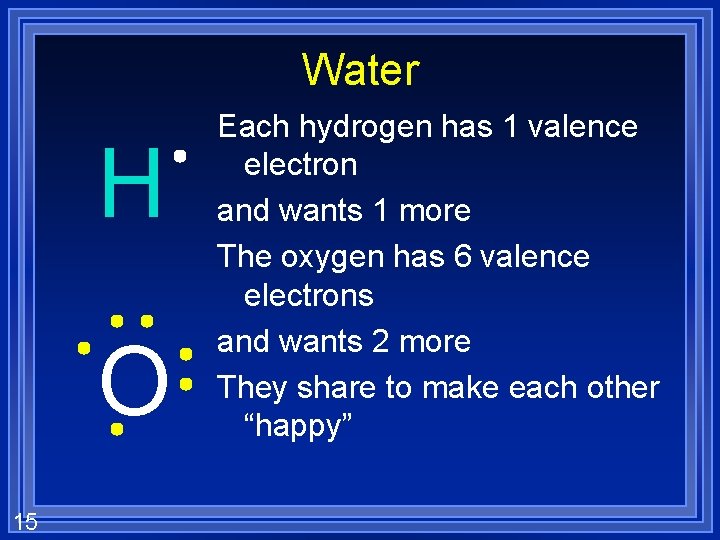 Water H O 15 Each hydrogen has 1 valence electron and wants 1 more