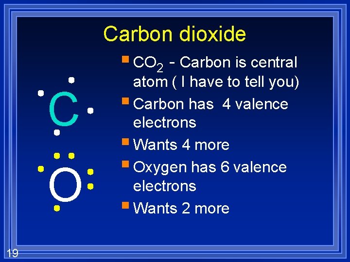 Carbon dioxide § CO 2 - Carbon is central C O 19 atom (