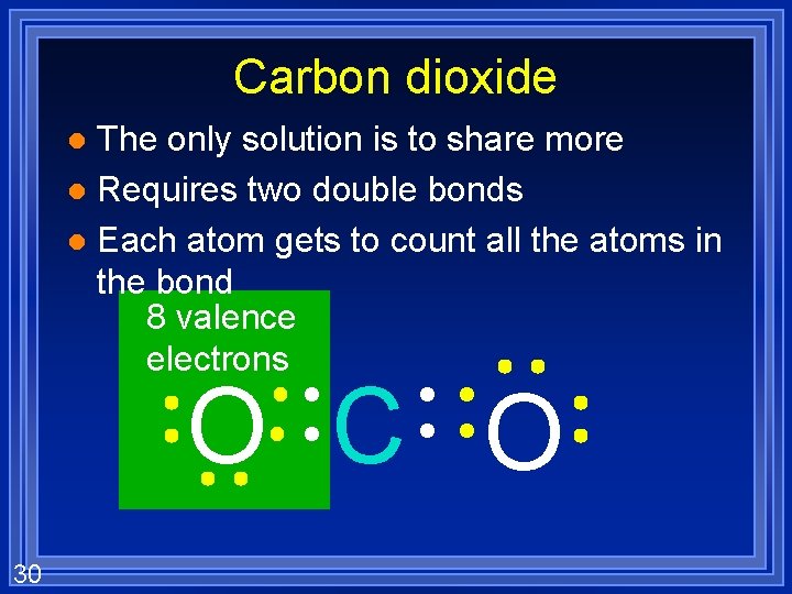 Carbon dioxide The only solution is to share more l Requires two double bonds