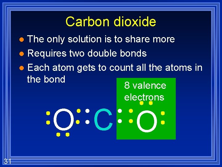 Carbon dioxide The only solution is to share more l Requires two double bonds