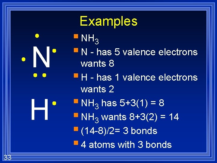 Examples N H 33 § NH 3 § N - has 5 valence electrons