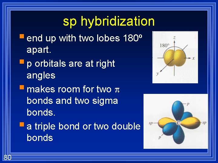 sp hybridization § end up with two lobes 180º apart. § p orbitals are