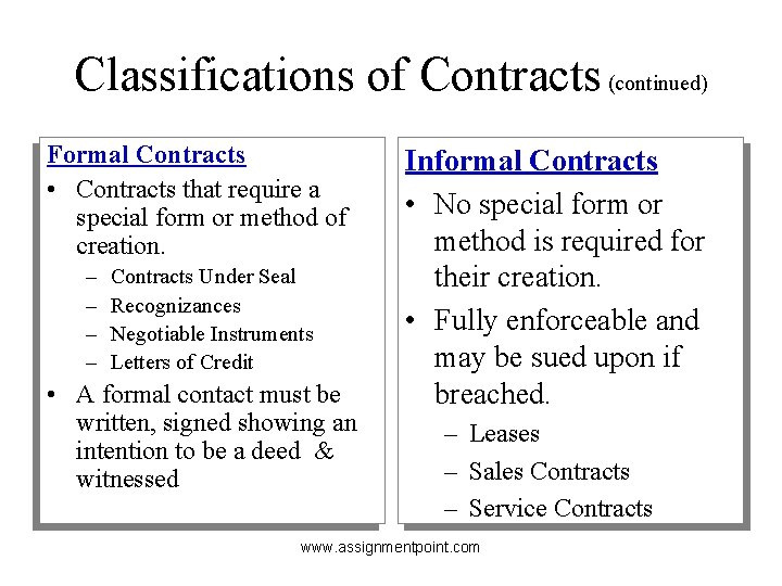 Classifications of Contracts (continued) Formal Contracts • Contracts that require a special form or