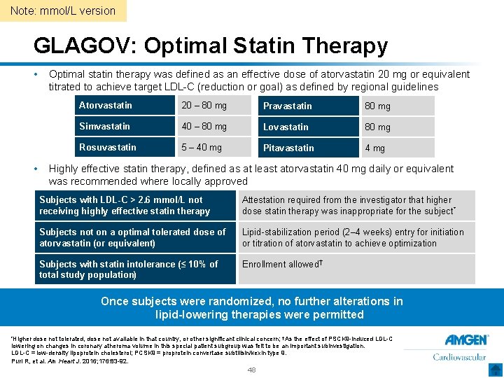 Note: mmol/L version GLAGOV: Optimal Statin Therapy • • Optimal statin therapy was defined