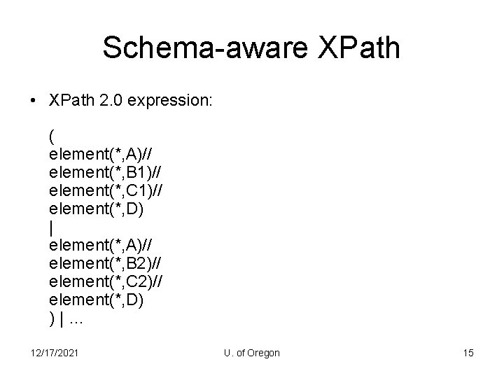 Schema-aware XPath • XPath 2. 0 expression: ( element(*, A)// element(*, B 1)// element(*,