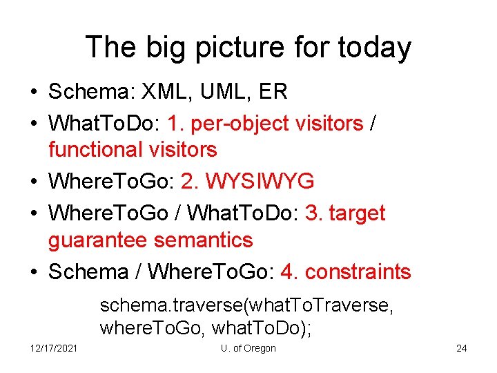 The big picture for today • Schema: XML, UML, ER • What. To. Do:
